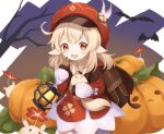  1girl ahoge backpack bag bat blonde_hair brown_gloves dodoco_(genshin_impact) dress feathers genshin_impact gloves halloween hat hat_feather highres jumpy_dumpty klee_(genshin_impact) lantern long_hair looking_at_viewer open_mouth pointing pointing_at_self pointy_ears pumpkin red_dress red_eyes red_headwear short_dress smile twintails yukuse 