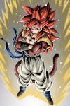  1boy aura biceps blue_eyes body_fur brown_fur closed_mouth crossed_arms dragon_ball dragon_ball_gt full_body gogeta highres male_focus metamoran_vest monkey_boy monkey_tail muscular muscular_male no_nipples obi pants pectoral_cleavage pectorals red_hair saiyan sash smirk solo spiked_hair standing super_saiyan super_saiyan_4 tail white_pants youngjijii 