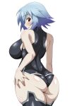  1girl absurdres ass ass_grab black_leotard blue_hair breasts deep_skin from_behind grabbing_own_ass hand_on_own_ass hands_on_ass highres infinite_stratos large_breasts leotard looking_at_viewer looking_back red_eyes sarashiki_tatenashi shiny shiny_clothes shiny_hair shiny_skin short_hair simple_background skin_tight solo space_gorilla standing white_background 
