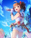  1girl ahoge arm_up back_bow bangs blouse blue_sky bow cloud cloudy_sky commentary crowd day drill_hair eyebrows_visible_through_hair gloves hair_bow hair_ornament hair_scrunchie holding holding_microphone idol idolmaster idolmaster_million_live! kamille_(vcx68) light_stick looking_at_viewer looking_back medium_hair microphone open_mouth outdoors palm_tree purple_eyes red_bow sailor_collar scrunchie short_shorts shorts side_drill side_ponytail sidelocks sky sleeveless_blouse smile standing sweat tree water_gun white_blouse white_gloves white_sailor_collar white_shorts yokoyama_nao 