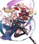  2girls alternate_costume arm_guards armor armpits bangs bare_shoulders black_gloves black_legwear blonde_hair blush bow bowtie breasts cape corrin_(fire_emblem) corrin_(fire_emblem)_(female) earrings elbow_gloves elise_(fire_emblem) fingerless_gloves fire_emblem fire_emblem_fates fire_emblem_heroes floating floating_object full_body gloves hair_ornament hairband highres japanese_clothes jewelry long_hair looking_away medium_breasts multiple_girls ninja no_socks obi official_art one_eye_closed open_mouth pelvic_curtain petals pointy_ears purple_eyes red_eyes sandals sash scroll senchat shin_guards shiny shiny_clothes shiny_hair shiny_skin shuriken_earrings silver_hair sleeveless smile soles sparkle sword thighhighs tied_hair toeless_legwear transparent_background twintails weapon 