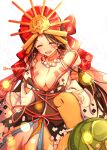  1girl bead_necklace beads body_markings breasts brown_hair cleavage closed_eyes eyebrows_visible_through_hair fate/grand_order fate_(series) headdress hi_(wshw5728) highres himiko_(fate) jewelry large_breasts long_hair long_sleeves necklace simple_background smile solo turtle twitter_username 