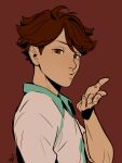  1boy bangs blowing_kiss brown_background brown_eyes brown_hair ceejles commentary commission english_commentary fingernails fingers haikyuu!! hair_between_eyes highres jersey lips looking_at_viewer male_focus oikawa_tooru_(haikyuu!!) short_hair solo sportswear volleyball_uniform 
