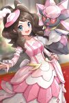  1girl :d bangs blue_eyes blurry blurry_background breasts brown_hair collarbone commentary_request cowboy_shot curly_hair diancie dress dress_tug eyebrows_visible_through_hair frilled_sleeves frills glint gonzarez hat high_ponytail highres hilda_(pokemon) indoors large_breasts long_hair long_sleeves looking_at_viewer mini_hat official_alternate_costume open_mouth partial_commentary pink_dress pokemon pokemon_(creature) pokemon_(game) pokemon_masters_ex sidelocks smile standing teeth two-tone_dress upper_teeth white_day 