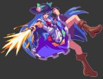  1girl ;d bangs black_background black_headwear blue_hair blue_skirt boots brown_headwear buttons center_frills food frills fruit full_body hand_on_headwear hinanawi_tenshi holding holding_sword holding_weapon leaf long_hair looking_at_viewer one_eye_closed open_mouth peach pixel_art potemki11 rainbow_order red_eyes red_neckwear simple_background skirt smile solo sword sword_of_hisou touhou weapon 