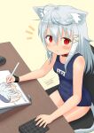  1girl ahoge animal_ear_fluff animal_ears blue_swimsuit blush breasts cat_ears cat_girl chair collar drawing hair_ornament hairclip highres keypad long_hair looking_at_viewer old_school_swimsuit original red_eyes school_swimsuit silver_hair sitting small_breasts smile solo stealthwriter stylus swimsuit table tablet_pc 