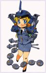  1girl armband arms_behind_back bangs black_necktie blue_eyes blue_jacket blue_skirt blush chibi collared_shirt double_zeta-kun_koko_ni_ari gundam helmet jacket kampfer-chan kampfer_(mobile_suit) mecha_musume necktie pencil_skirt personification rocket_launcher sd_gundam shirt skirt smile solo tommy_region weapon white_background white_shirt 