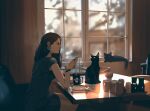  1girl black_cat black_fur black_hair cat coffee indoors original painting sketch snatti sunrise table window 