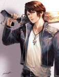  1boy belt blue_eyes brown_hair final_fantasy final_fantasy_viii gunblade highres hiromyan jacket jewelry looking_at_viewer male_focus necklace scar school_uniform simple_background solo squall_leonhart weapon 