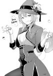  1girl absurdres acorn ayunda_risu bangs breasts deez_nuts_(meme) english_commentary gloves greyscale hat hat_leaf high-waist_skirt highres holding hololive hololive_indonesia jacket lynus medium_breasts medium_hair meme monochrome skirt smile solo squirrel_girl squirrel_tail tail virtual_youtuber witch_hat 