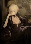  1girl arm_rest artoria_pendragon_(fate) black_ribbon blonde_hair braid breasts breasts_apart bsq expressionless fate/stay_night fate_(series) french_braid hair_ornament head_rest highres looking_at_viewer medium_breasts painting painting_(object) plant potted_plant ribbon saber_alter sitting solo yellow_eyes 