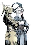  2girls armor blue_eyes corset dark_souls_(series) dark_souls_i dark_souls_iii full_armor gado gauntlets helmet lady_of_the_darkling multiple_girls shoulder_armor sirris_of_the_sunless_realms veil white_headwear 