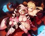  aki_rosenthal bandages blonde_hair blood blood_stain blush bob_cut brown_hair demon_costume demon_horns demon_wings fake_horns fake_wings fur-trimmed_gloves fur_trim ghost glasses gloves halloween halloween_costume highres himemori_luna hololive horns indoors jack-o&#039;-lantern long_hair looking_at_viewer mechanical_arms mechanical_legs miniskirt moon_(ornament) multiple_girls mummy_costume open_mouth pink_hair purple_eyes roboco-san short_hair side_bun skirt star_(symbol) sue_(bg-bros) teardrop-framed_glasses teeth thighhighs upper_teeth virtual_youtuber wavy_hair wings yellow_eyes 