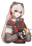  1girl armor bangs charolic_(girls&#039;_frontline_2) cheogtanbyeong commentary eyebrows_visible_through_hair girls&#039;_frontline girls&#039;_frontline_2:_exilium gloves grey_hair hair_between_eyes headphones headset highres long_hair long_sleeves looking_at_viewer military military_uniform multicolored_clothes multicolored_gloves open_mouth red_eyes serious solo sweatdrop tactical_clothes uniform upper_body walkie-talkie white_background 
