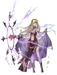  1girl alternate_costume bare_shoulders blonde_hair breasts cape casting_spell gem gold_trim green_eyes jewelry long_hair magic mystina navel official_art solo staff thighhighs third-party_source valkyrie_profile valkyrie_profile_anatomia white_legwear 