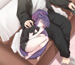  1boy 1girl animal_ears arknights bangs bare_legs barefoot black_jacket black_pants black_shirt black_shorts blush cat_ears cat_tail closed_eyes commentary controller couch fetal_position highres jacket jessica_(arknights) k0ng lap_pillow lying on_side open_clothes open_jacket pants purple_hair remote_control shirt short_sleeves shorts sleeping slippers tail thighs 