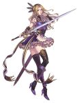  1girl alternate_costume armor armored_boots blonde_hair boots breastplate feathers green_eyes highres holding holding_sword holding_weapon long_hair official_art purple_armor silmeria_valkyrie sword thighhighs third-party_source valkyrie valkyrie_profile valkyrie_profile_anatomia weapon 