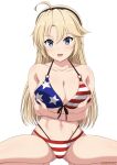  1girl ahoge american_flag_bikini bikini black_hairband blonde_hair blue_eyes blush breast_hold breasts cleavage commentary_request crossed_arms eyebrows_visible_through_hair flag_print front-tie_bikini front-tie_top hairband highres inoshira kohagura_ellen large_breasts long_hair looking_at_viewer multi-strapped_bikini navel o-ring o-ring_bikini open_mouth simple_background smile solo squatting swimsuit toji_no_miko twitter_username white_background 