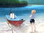  1girl absurdres bare_shoulders beach blonde_hair blue_eyes blue_footwear blush boat closed_mouth commentary eating eyebrows_visible_through_hair food forest gochiwa hair_bun highres holding holding_food nature off_shoulder original popsicle_stick sand sandals scenery smile solo standing tree water watercraft 