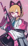  1girl absurdres assault_rifle battle_rifle bespectacled blonde_hair blue_archive cat_ear_headphones commentary glasses gun h&amp;k_g3 halo headphones highres jacket looking_at_viewer momoi_(blue_archive) necktie open_mouth papaia_(quentingqoo) red_eyes rifle school_uniform simple_background solo weapon 