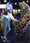  1girl arcade_cabinet black_footwear black_shirt blue_eyes blue_hair blue_hairband chaesu commentary crop_top denim english_commentary hairband highres indoors jeans long_hair long_sleeves midriff minah_(chaesu) navel original pants shirt solo standing stomach very_long_hair 