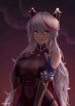  1girl absurdly_long_hair absurdres aegir_(azur_lane) artist_name aurora azur_lane bare_shoulders black_cape black_gloves bodystocking breast_curtains breasts cape clothing_cutout covered_navel cross cross-laced_clothes cross_earrings demon_horns earrings elbow_gloves gloves hair_between_eyes hair_on_horn highres horns iron_cross jewelry karkovb152 large_breasts long_hair looking_at_viewer multicolored_hair open_mouth red_hair solo stomach_cutout streaked_hair teeth two-tone_hair underbust upper_body upper_teeth very_long_hair white_hair yellow_eyes 