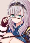  1girl adjusting_eyewear black-framed_eyewear blue_shirt breasts brown_gloves cleavage closed_mouth collared_shirt commentary_request fingerless_gloves glasses gloves grey_background grey_hair hand_up headpiece highres hololive large_breasts long_hair looking_at_viewer natsuki_(natukituki) semi-rimless_eyewear shirogane_noel shirt simple_background smile solo under-rim_eyewear virtual_youtuber 