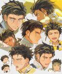  1boy braid brown_hair claude_von_riegan closed_eyes closed_mouth commentary_request earrings expressions fire_emblem fire_emblem:_three_houses gotou_(pixiv37128) green_eyes grey_background jewelry looking_at_viewer male_focus multiple_views short_hair side_braid sideburns simple_background single_earring sleeping smile sparkle 