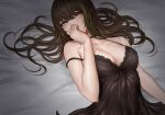  1girl bangs bare_arms bare_shoulders bed_sheet blush breasts brown_eyes brown_hair camisole chinese_commentary cleavage collarbone commentary_request covering_mouth eyebrows_visible_through_hair girls&#039;_frontline green_hair highres jewelry long_hair m4a1_(girls&#039;_frontline) medium_breasts multicolored_hair ring selcky solo strap_slip streaked_hair two-tone_hair underwear underwear_only upper_body 