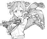  1girl belt commentary_request daiba_nana fur-trimmed_jacket fur_trim gochiwa greyscale hatching_(texture) holding holding_sword holding_weapon jacket jacket_on_shoulders katana medium_hair monochrome parted_lips shoujo_kageki_revue_starlight simple_background solo sword twintails weapon white_background 