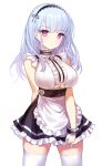  1girl apron azur_lane bare_shoulders black_skirt breasts center_frills choker clothing_cutout collar dido_(azur_lane) expressionless eyebrows_visible_through_hair frilled_apron frilled_choker frilled_hairband frilled_sleeves frills hairband highres kiki-yu large_breasts lolita_hairband long_hair looking_at_viewer maid miniskirt purple_eyes shirt silver_hair skirt sleeveless sleeveless_shirt solo thighhighs underboob underboob_cutout underbust waist_apron white_apron white_legwear white_shirt zettai_ryouiki 