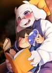 1girl 1other :3 animal_ears armchair blush book breast_grab breasts breath brown_hair chair dagashi_(daga2626) dark_background eating fangs food fork frisk_(undertale) furry glasses goat_ears goat_girl goat_horns grabbing highres horns open_book open_mouth pie sitting sweat toriel undertale 