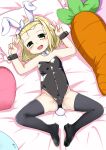  1girl animal_ears arms_up bare_shoulders bed black_legwear black_leotard blonde_hair carrot detached_collar double_v fake_animal_ears forehead green_eyes groin highleg highleg_leotard highres kantai_collection legs leotard luigi_torelli_(kancolle) lying nassukun on_back open_mouth pillow playboy_bunny rabbit_ears rabbit_tail short_hair smile solo strapless strapless_leotard stuffed_toy tail thighhighs thighs v wrist_cuffs 