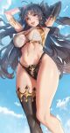  1girl ahoge armpits asymmetrical_legwear black_gloves black_hair black_panties blush breasts cleavage_cutout clothing_cutout earrings elbow_gloves fate/grand_order fate_(series) from_below gloves highres hoop_earrings ishtar_(fate) ishtar_(swimsuit_rider)_(fate) jewelry large_breasts long_hair looking_at_viewer navel open_mouth panties po_ppe red_eyes single_glove single_thighhigh solo thighhighs toned twintails underwear 