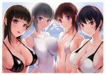 4girls alone_belm asymmetrical_docking backlighting bangs bare_shoulders bikini black_bikini bloom blue_eyes blunt_bangs blush breast_press breasts breasts_apart brown_hair cleavage closed_mouth collarbone contrapposto covered_navel covered_nipples dated expressionless eyebrows_visible_through_hair grey_hair hair_between_eyes halter_top halterneck highres impossible_clothes impossible_swimsuit large_breasts leaning_to_the_side lips long_hair looking_at_viewer medium_hair multiple_girls navel ocean one-piece_swimsuit original pink_eyes purple_hair pursed_lips red_eyes revealing_clothes shiny_swimsuit short_hair sidelocks signature skindentation sky slingshot_swimsuit small_breasts smile swimsuit tongue tongue_out upper_body white_swimsuit wide-eyed 