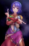  1girl blue_eyes blue_hair breasts cape cloak cowboy_shot highres large_breasts looking_at_viewer midriff multicolored_clothes multicolored_hairband navel night night_sky patchwork_clothes pointing rainbow_gradient short_hair shounen_(hogehoge) sky sky_print stomach tenkyuu_chimata touhou unzipped yellow_bag zipper 