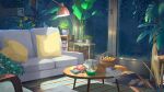  bag basket book book_stack bottle candy chinese_commentary commentary_request couch door flower flower_pot food fruit highres lamp light night night_sky no_humans original paper pillow plant scenery shadow shoes sky snack table tree xingzhi_lv 
