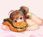  1girl ahoge bed_sheet blush brown_hair burger commentary dolphin_shorts drill_hair eyebrows_visible_through_hair food green_scrunchie grey_background hair_ornament hair_scrunchie idolmaster idolmaster_million_live! kamille_(vcx68) looking_at_viewer loungewear lying medium_hair on_back on_side pillow pink_shirt purple_eyes scrunchie shirt shorts side_drill side_ponytail solo tank_top yellow_shorts yokoyama_nao 