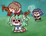  3girls antlers berry blue_hair branch brown_hair butterfly_net ceres_fauna chibi commentary crying crying_with_eyes_open eating english_commentary feathers flower grass green_hair hair_flower hair_intakes hair_ornament hand_net headband hololive hololive_english keenbiscuit multiple_girls nanashi_mumei ouro_kronii outdoors short_hair sitting standing_on_person sweat sweatdrop sweating_profusely tears trembling twitter_username virtual_youtuber 