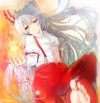  1girl artist_name bangs barefoot blurry blush bow breasts closed_mouth collar collared_shirt eyebrows_visible_through_hair fire fujiwara_no_mokou hair_between_eyes hair_bow hand_up highres long_hair long_sleeves looking_at_viewer medium_breasts multicolored_bow pants puffy_sleeves ramudia_(lamyun) red_bow red_eyes red_pants shirt sidelocks silver_hair simple_background soles solo toes touhou white_background white_bow white_shirt 