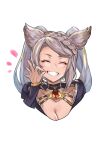  1girl animal_ears braid breasts cleavage closed_eyes collarbone commentary_request cropped_torso dress erune fraux granblue_fantasy grey_hair grin hand_up hide_(hideout) highres long_hair ok_sign purple_dress simple_background smile solo upper_body white_background 