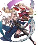  2girls alternate_costume arm_guards armor armpits bangs bare_shoulders black_gloves black_legwear blonde_hair blush bow bowtie breasts cape closed_mouth corrin_(fire_emblem) corrin_(fire_emblem)_(female) earrings elbow_gloves elise_(fire_emblem) fingerless_gloves fire_emblem fire_emblem_fates fire_emblem_heroes floating floating_object full_body gloves hair_ornament hairband highres japanese_clothes jewelry long_hair looking_away medium_breasts multiple_girls ninja obi official_art open_mouth pelvic_curtain pointy_ears purple_eyes red_eyes sandals sash scroll senchat shin_guards shiny shiny_clothes shiny_hair shiny_skin shuriken_earrings silver_hair sleeveless smile soles sword thighhighs tied_hair toeless_legwear transparent_background twintails weapon 