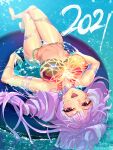  1girl afloat bangs bodypaint breasts commentary covered_nipples dated don_(rg06268) eyebrows_visible_through_hair highres innertube large_breasts long_hair looking_at_viewer lying macross macross_delta mikumo_guynemer multicolored_hair on_back open_mouth purple_hair red_eyes solo teeth thigh_gap topless two-tone_hair upper_teeth very_long_hair water 