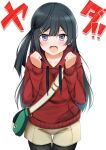  1girl bag bangs black_hair blush collarbone commentary eyebrows_visible_through_hair grey_eyes hair_ornament highres jacket kamesys legwear_under_shorts long_hair looking_at_viewer love_live! love_live!_nijigasaki_high_school_idol_club one_side_up pantyhose red_jacket shiny shiny_hair shorts shoulder_bag sidelocks solo straight_hair tears translated white_background yuuki_setsuna_(love_live!) 