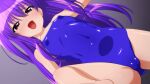  1girl absurdres blue_swimsuit cameltoe competition_school_swimsuit cowboy_shot dutch_angle flat_chest gradient gradient_background grey_background highres long_hair looking_at_viewer original purple_eyes purple_hair school_swimsuit solo sugimura_tomokazu swimsuit very_long_hair 