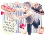  2boys bangs black_footwear black_hair black_pants black_shorts bow bow_print cake cape chibi cropped_legs dated dual_persona food foot_up fruit grey_hair happy_birthday heart holding holding_food holding_plate kaneki_ken leaning_forward male_focus multicolored_hair multiple_boys nabe-box open_mouth pants plate short_hair shorts strawberry strawberry_cake striped striped_background striped_vest teeth tokyo_ghoul tokyo_ghoul:re tripping two-tone_hair vest 