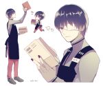  1boy apron arm_up bangs black_apron black_eyes black_hair black_nails book closed_mouth eyebrows_visible_through_hair eyepatch grey_background holding holding_book kaneki_ken long_sleeves male_focus multiple_views nabe-box nail_polish pants pink_pants shiny shiny_hair shoes short_hair simple_background smile tokyo_ghoul tokyo_ghoul:re walking 