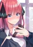  1girl bangs black_cardigan black_ribbon blunt_bangs blush cardigan chocolate go-toubun_no_hanayome highres nakano_nino pink_hair ribbon twintails umetasuku valentine 