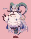  1girl 1other antlers aqua_hair bangs blush braid cernunnos_(fate) creature curled_horns dragon_girl dragon_horns dragon_tail fate/grand_order fate_(series) floating flying_sweatdrops hair_between_eyes highres hopeer_(_hopeer_) horns hug hug_from_behind long_hair long_horns looking_at_viewer open_mouth pink_background pink_eyes pointy_ears shadow_hands simple_background size_difference striped symbol-shaped_pupils tail teeth tiamat_(fate) trait_connection upper_teeth vertical_stripes very_long_hair 