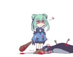  1girl ark_survival_evolved blood blood_on_face blood_on_weapon blood_splatter blue_dress closed_mouth double_bun dress green_hair heart holding holding_club hololive kukie-nyan long_sleeves red_eyes shaded_face simple_background smile solo twitter_username uruha_rushia virtual_youtuber weapon white_background yandere 